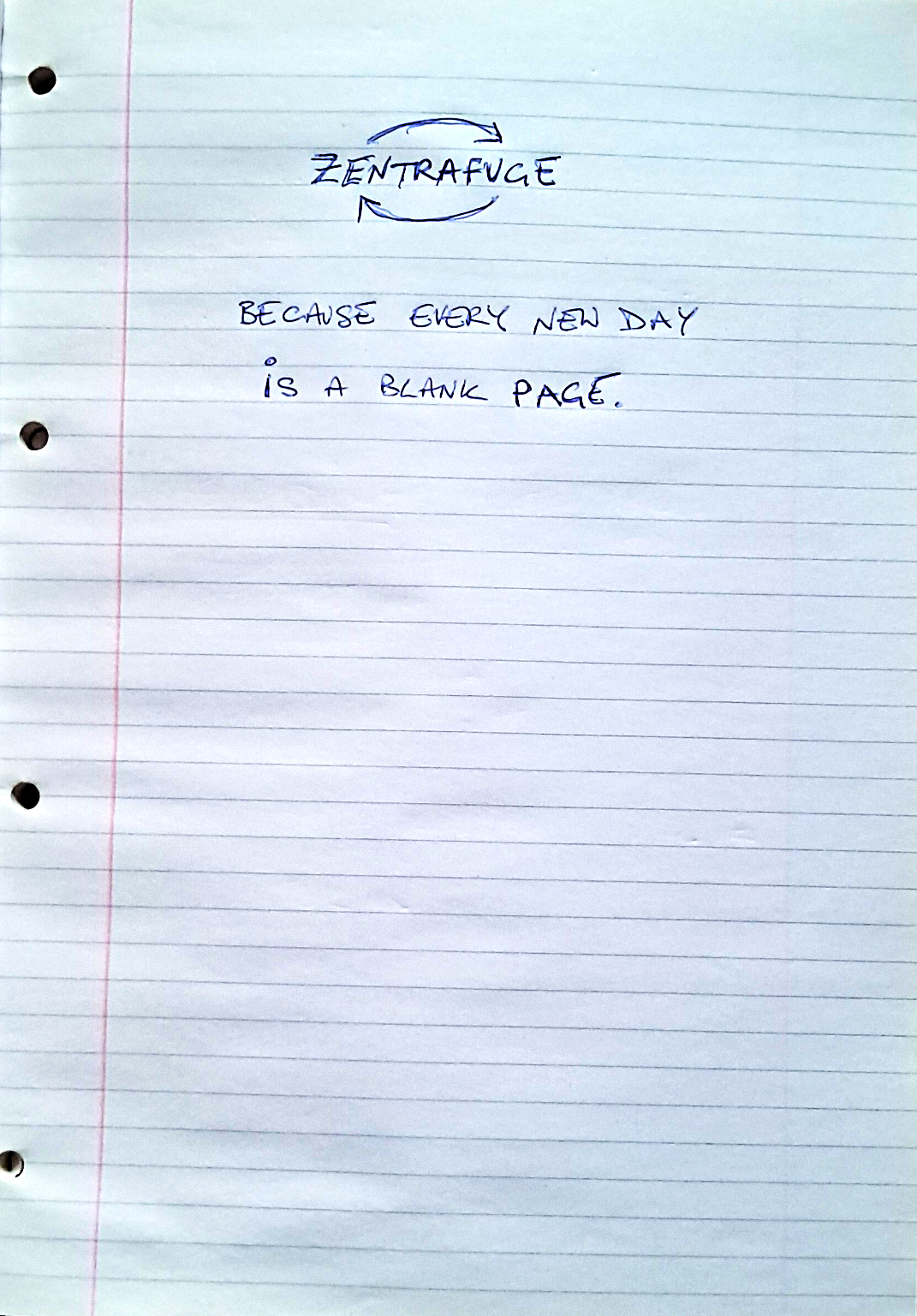 A photograph of a handwritten notebook page. A hand-drawn circular mark reads Zentrafuge.